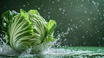A fresh cabbage with water drops flying in the air, green solid color background, studio lighting. Generative AI.