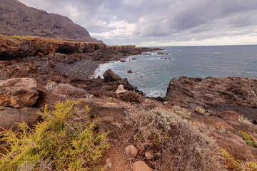 Fototapeta na wymiar Stone coast with cliffs of the Atlantic Ocean at sunrise. Tenerife. Canary Islands, Spain
