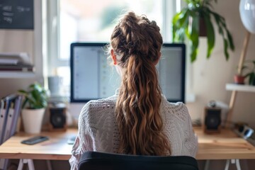 Rear view of a woman using a desktop computer for a virtual meeting Showing a home office setup