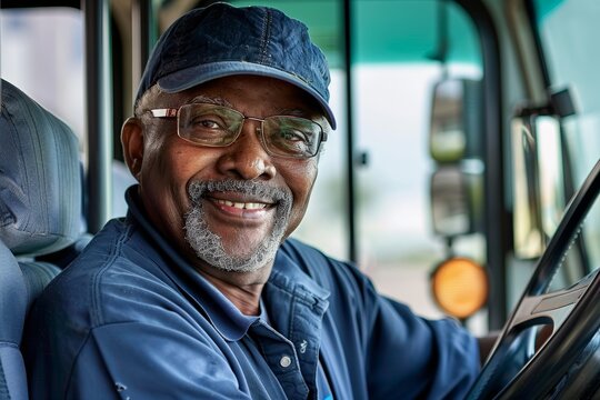 Portrait of a happy black bus driver.