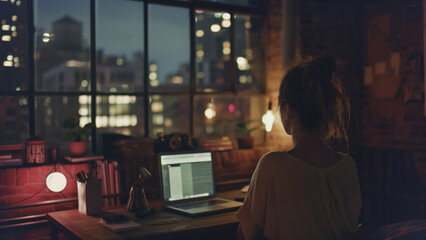 Illuminated Solitude: A Young Woman in a Loft Apartment at Night