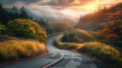 A winding road beautiful rural. Generative AI.