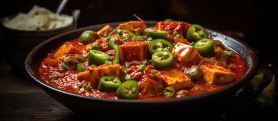 A closeup shot of a delicious bowl of comfort food on a table, showcasing various ingredients and colors. This dish could be a hearty meatbased recipe or a vegan nutrition option