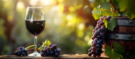 Glass Of Wine With Grapes And Barrel On A Sunny Background. I