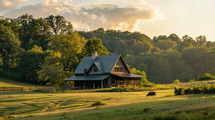 A-Frame Farmhouses: Discover the rustic charm of A-frame farmhouses, blending country comfort with modern amenities, surrounded by rolling fields, orchards, and grazing animals