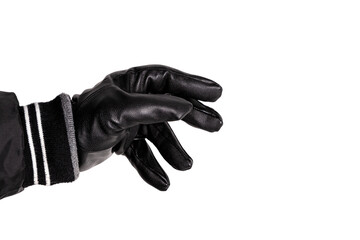 Close-up of an unrecognizable's person hand wearing a black glove over white background