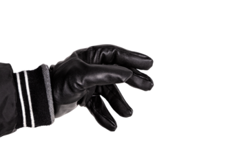 Close-up of an unrecognizable's person hand wearing a black glove over white background