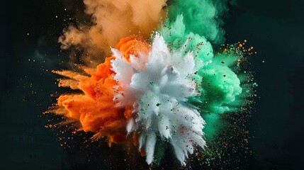 Black background, explosion of white, orange and green powders, in the style of the colors of the Irish flag, high-speed shooting, artistic magic, 2K, high quality  - 4 - obrazy, fototapety, plakaty