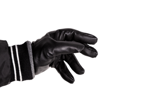 Close-up of an unrecognizable's person hand wearing a black glove over white background