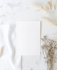 Minimalist mockup white invitation card with dry flowers on white