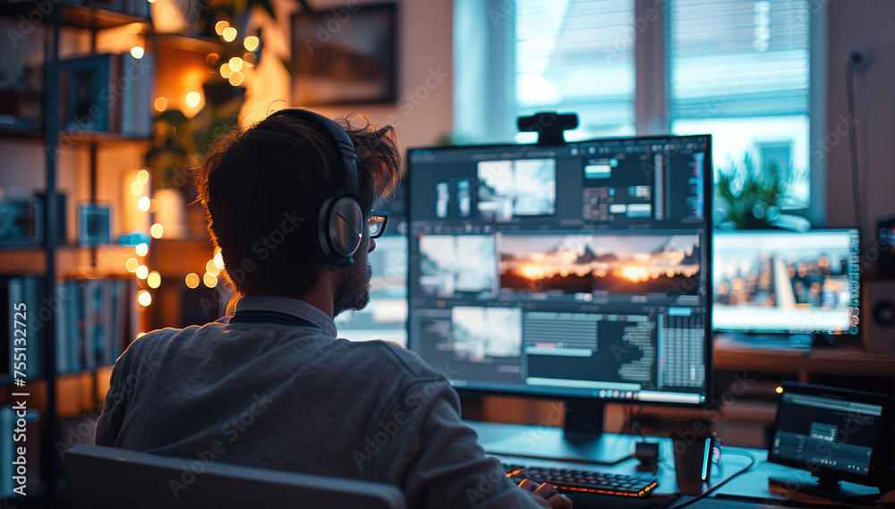 Aufkleber A person multitasking efficiently thanks to fast internet on computer with multiple screens. Generative AI.