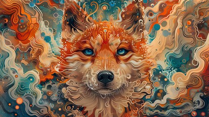 A striking illustration features a fox's face adorned with vivid, abstract details and a mosaic of vibrant colors. - obrazy, fototapety, plakaty