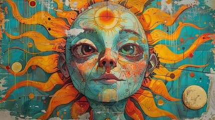 A serene sun face surrounded by stars and planets, depicted in a warm, whimsical art style with autumnal colors. - obrazy, fototapety, plakaty