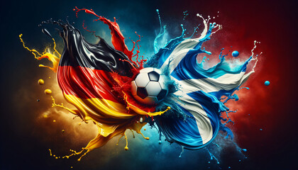 liquify country flags of Germany and Scotland splash towards each other, with a soccer ball in the middle, football EM 2024, Group phase matchday 1, Generative ai