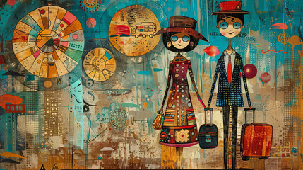 A stylish couple set against a whimsical, stylized cityscape backdrop, evoking a sense of urban exploration and adventure.