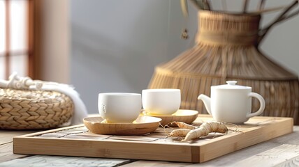 Fototapeta na wymiar ginseng and warm ginseng tea, capturing the essence of a rejuvenating holiday.
