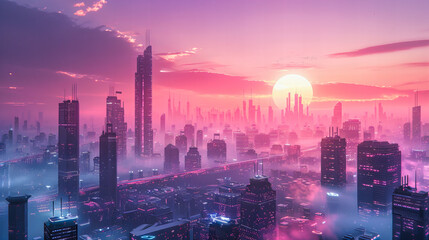 Futuristic City with Skyline and Sunset, Modern Architecture and Sci-Fi Design, Urban Landscape and...