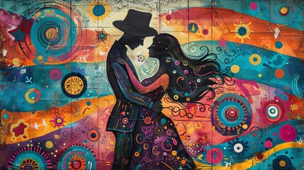 Fototapeta premium Silhouette of a dancing couple enveloped in vibrant, psychedelic swirl patterns and vivid colors.