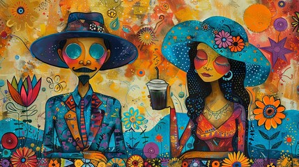 Two stylized characters in vintage attire having a tea party, set against a collage of whimsical floral patterns.