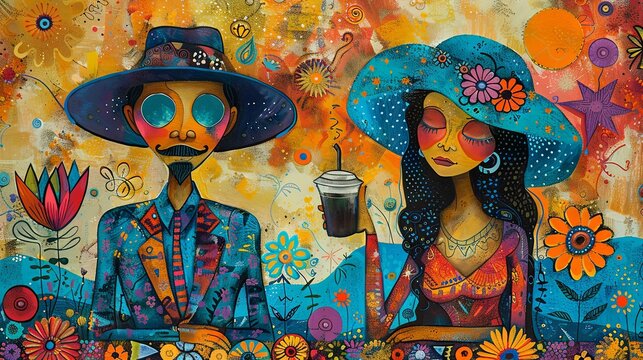 Two stylized characters in vintage attire having a tea party, set against a collage of whimsical floral patterns.