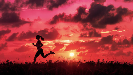 Embracing the Horizon: A Fit Woman Running Against a Red Sunset