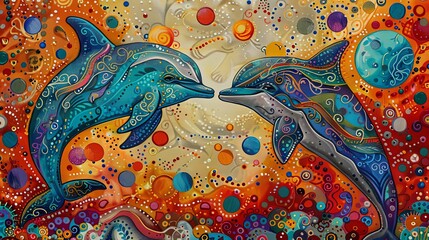 A playful dolphin emerges from a swirling sea of vibrant, fiery colors in this dynamic and expressive artwork.