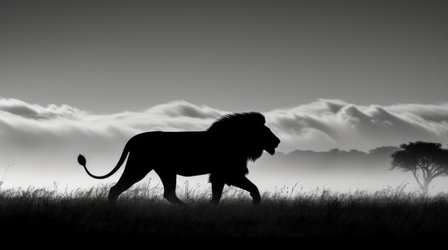 a black and white photo of a lion walking in a field with trees in the background and clouds in the sky.