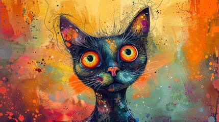 Expressive cat portrait set against a vibrant and colorful abstract background, full of artistic detail.
