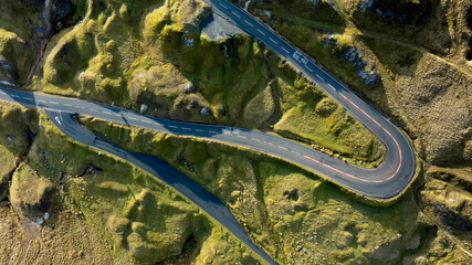 The hairpin bend on the A4069 known as Cuckoo Bend on the Black Mountain Pass in South Wales UK often used in a popular TV car series because of the fast winding roads - obrazy, fototapety, plakaty