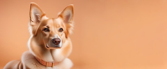 Portrait of a beautiful fluffy peach-colored dog. Close-up looking at the camera. Pantone shade of delicate peach. Banner, poster, copy space.