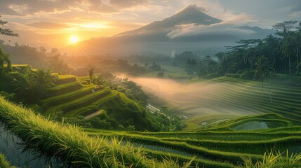A serene sunrise over the rice terraces, with the early morning light casting a golden glow over the lush green fields. Generative AI.
