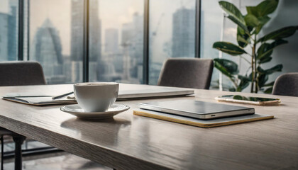 Empty wooden table on abstract office room for product presentation - space for a montage showing the product