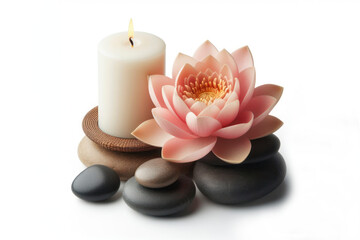 zen stones with candle and lotus flower isolated on solid white background. ai generative