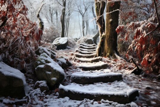 Steep Rock path mountain winter. Nature land. Generate Ai