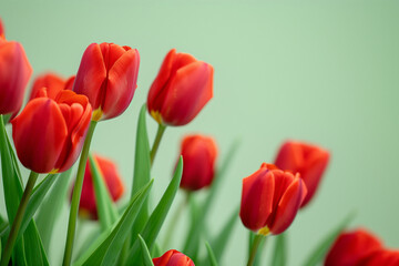 Obraz premium Beautiful red tulip border on light green background, springtime flowers (1)