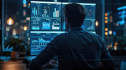 A rear view of a man sitting at a desk, focusing on a laptop screen displaying detailed statistics dashboards with blue graphics on a dark background. Generative AI.