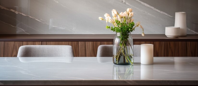 A close-up view of a vase filled with colorful flowers resting on a modern dining table with a glass countertop.
