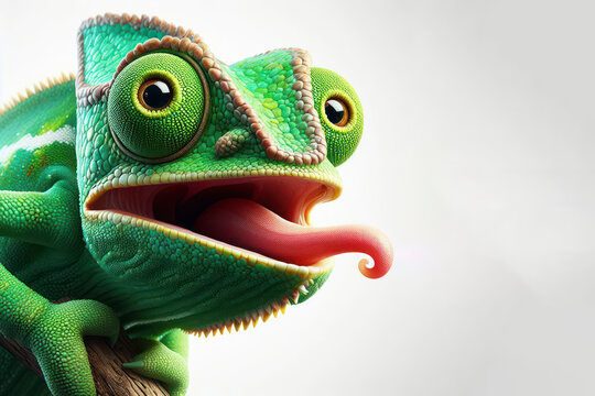 Green colored chameleon with bulging eyes and tongue on solid white background. ai generative