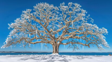 a large tree in the middle of a snow covered field with icicles hanging off of it's branches.