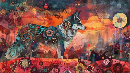 Photo sur Plexiglas Style bohème Artistic representation of a wolf with tribal patterns and floral motifs in vibrant colors.