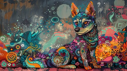 Artistic representation of a wolf with tribal patterns and floral motifs in vibrant colors.