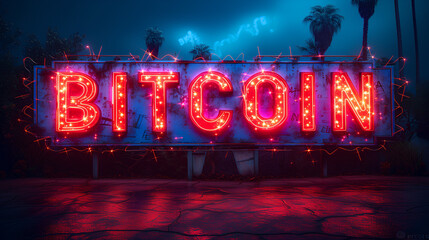 Bitcoin as a sign high on the hill - billboard - palm trees - iconic - lights - crypto 
