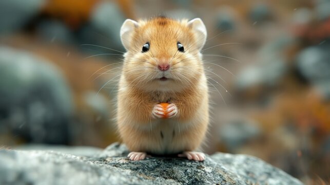 a close up of a rodent on a rock looking at the camera with a surprised look on its face.