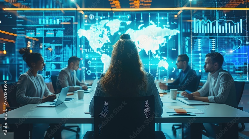 Poster Group of people sitting around a conference table having a meeting, with shimmering screens floating in the air around them displaying graphs. Generative AI.