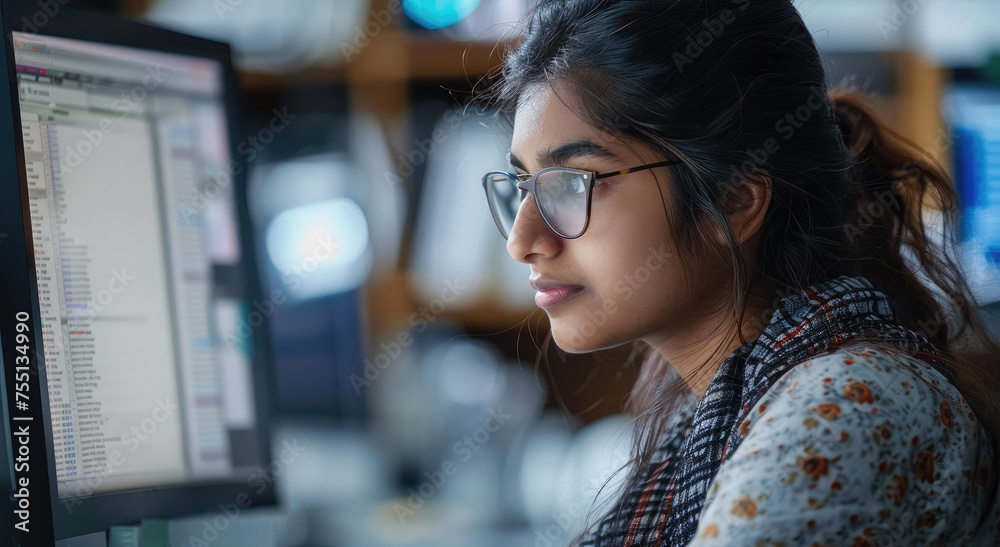 Poster an indian women data analyst working on her computer. generative ai.