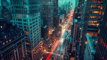Urban Street at Night, Cityscape with Architecture and Traffic, Aerial View and Illuminated...