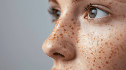 Close-up of female face with freckled skin. High-detailed shot of woman  