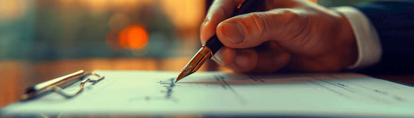 A detailed close-up of a person's hand signing a legal document with a fountain pen. - obrazy, fototapety, plakaty