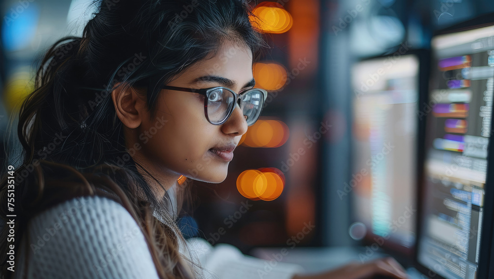 Poster an indian women data analyst working on her computer. generative ai.