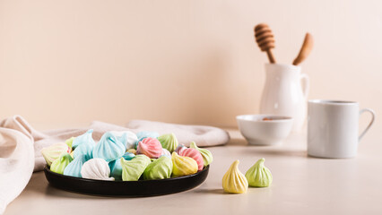 Fototapeta na wymiar Multi-colored mini meringues on a plate on the table web banner